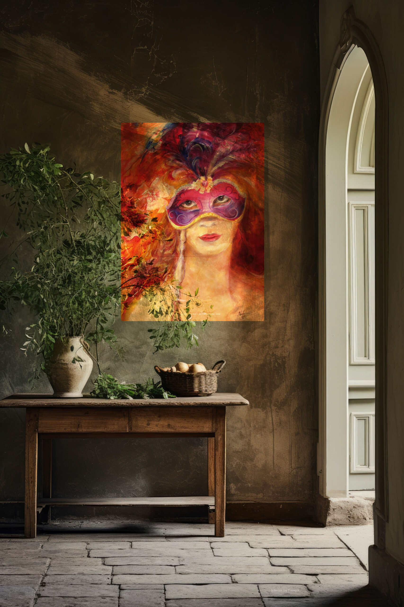 art-in-interior-the Girl Behind the Mask-painting-by-Lana Leuchuk-dark